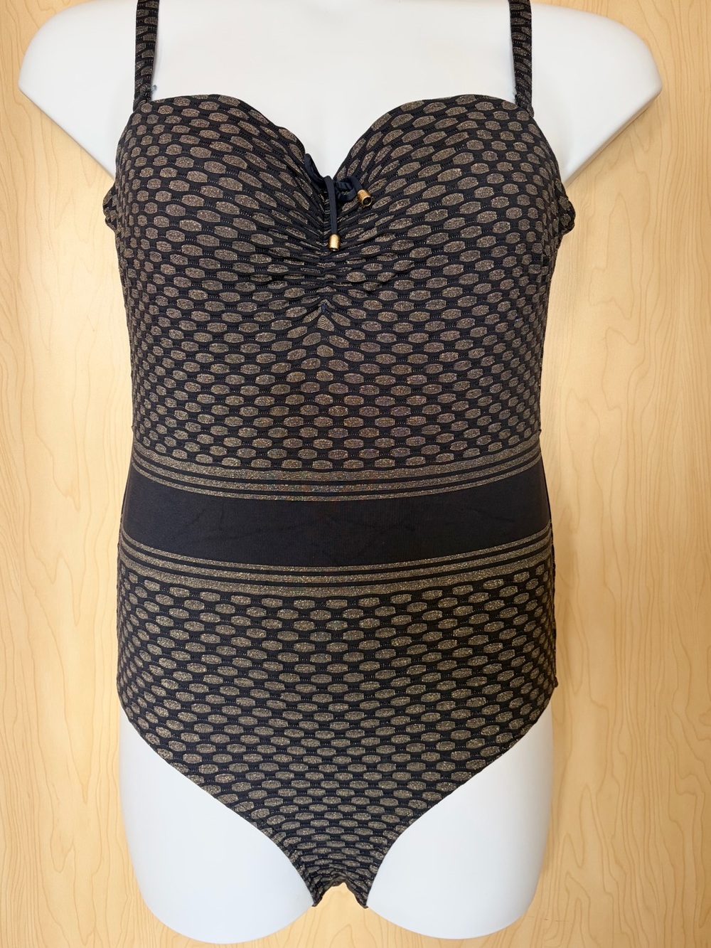 Prima Donna 1 Piece Swimsuit Navy Blue Gold Metallic Cup SZ 38 D, US Size 18 NWT